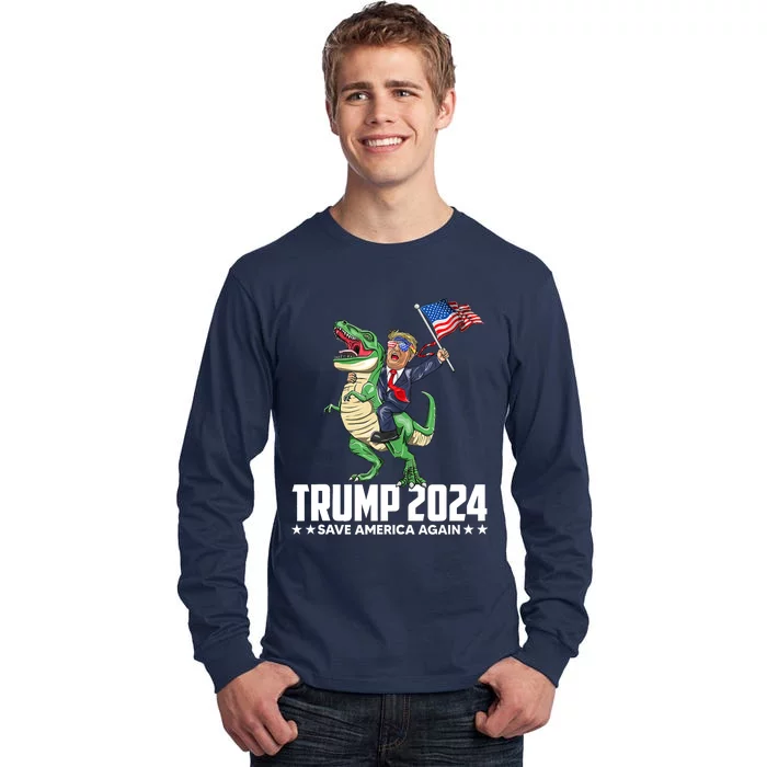 Trump Riding Dinosaur Save America Again Tall Long Sleeve T-Shirt