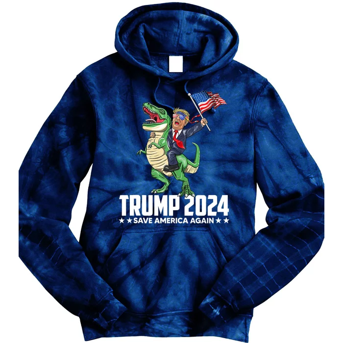 Trump Riding Dinosaur Save America Again Tie Dye Hoodie