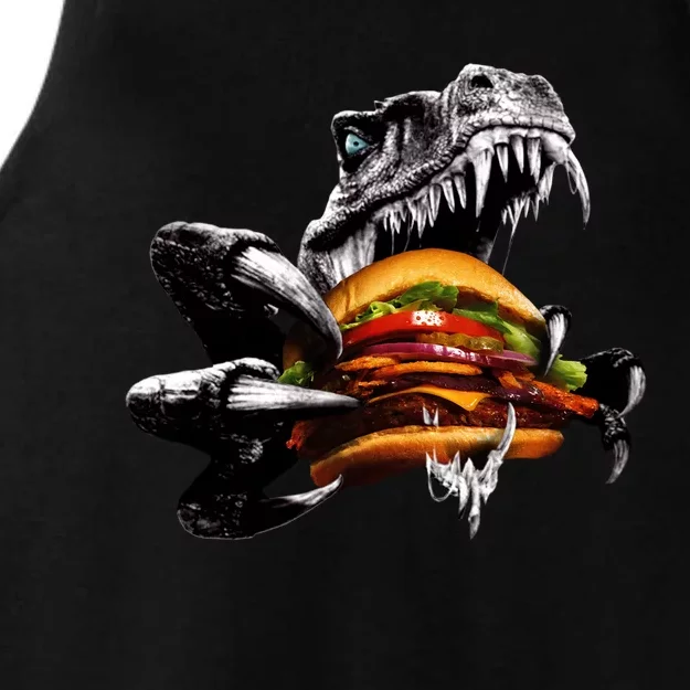 T Rex Eating Burger Ladies Tri-Blend Wicking Tank