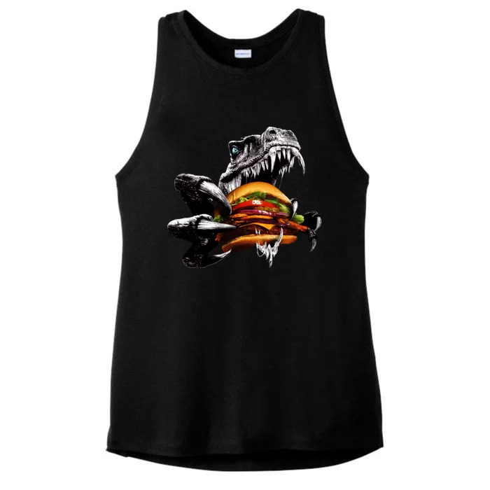 T Rex Eating Burger Ladies Tri-Blend Wicking Tank