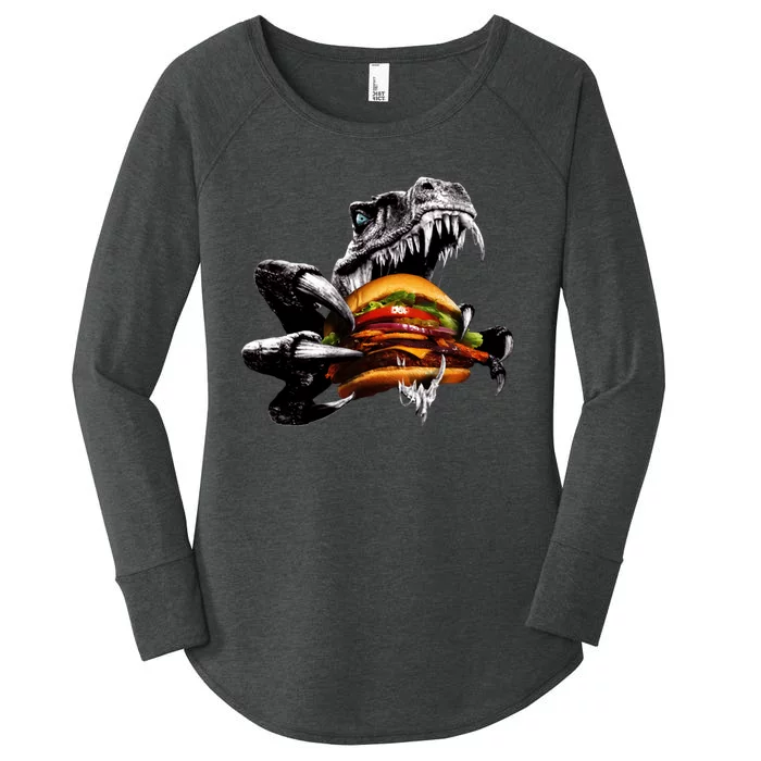 T Rex Eating Burger Women's Perfect Tri Tunic Long Sleeve Shirt