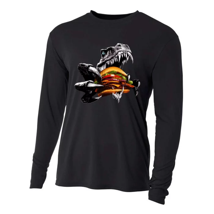 T Rex Eating Burger Cooling Performance Long Sleeve Crew