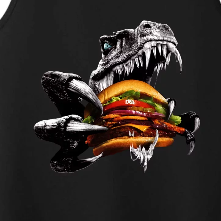 T Rex Eating Burger Performance Tank