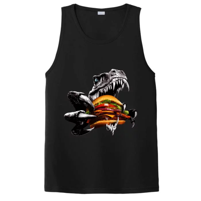 T Rex Eating Burger Performance Tank