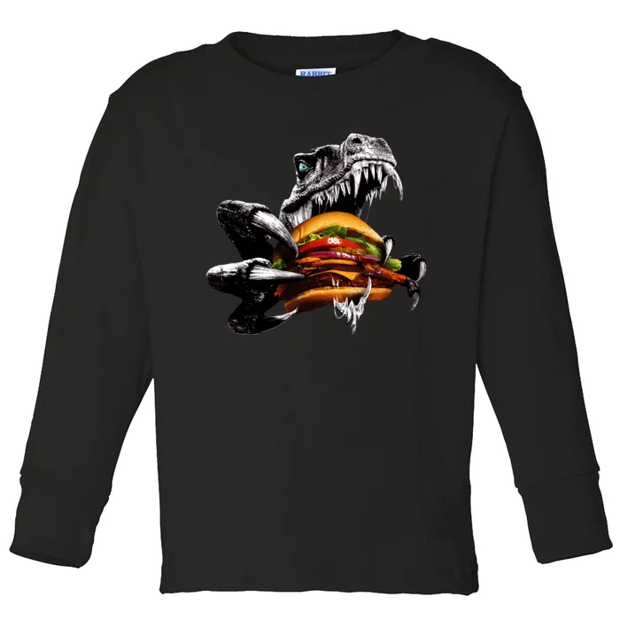 T Rex Eating Burger Toddler Long Sleeve Shirt