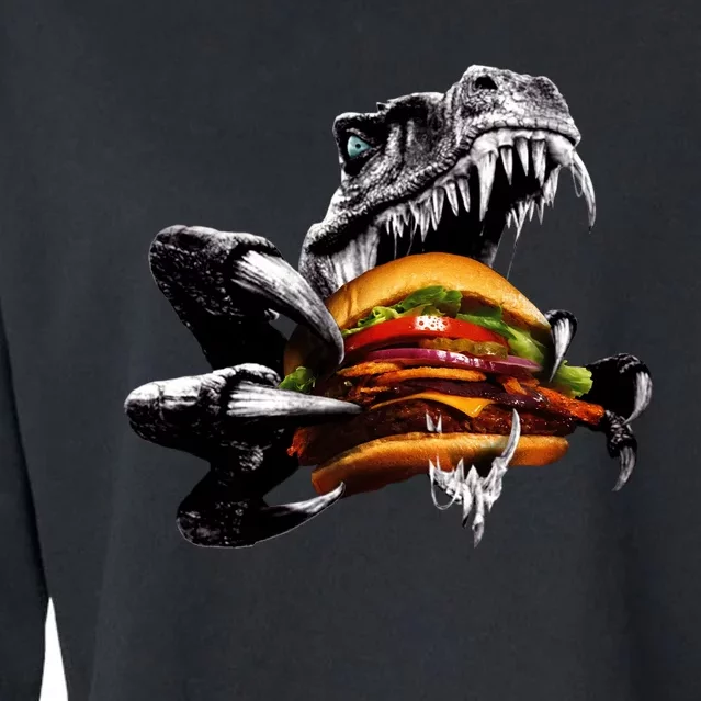 T Rex Eating Burger Cropped Pullover Crew