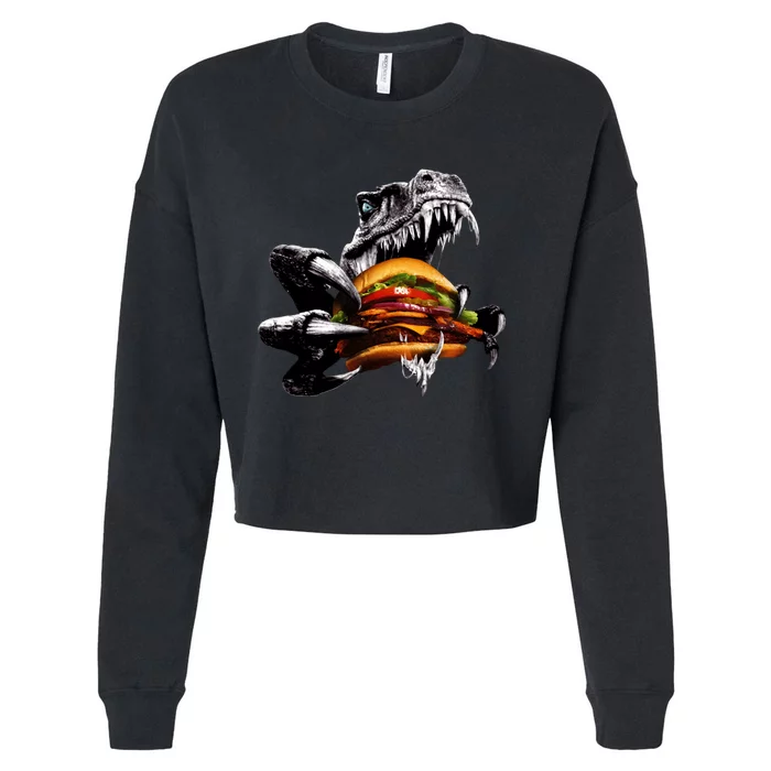 T Rex Eating Burger Cropped Pullover Crew