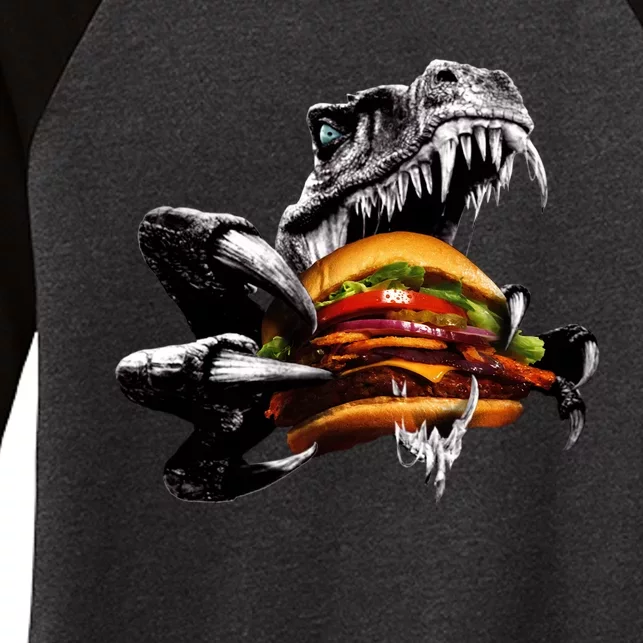 T Rex Eating Burger Women's Tri-Blend 3/4-Sleeve Raglan Shirt