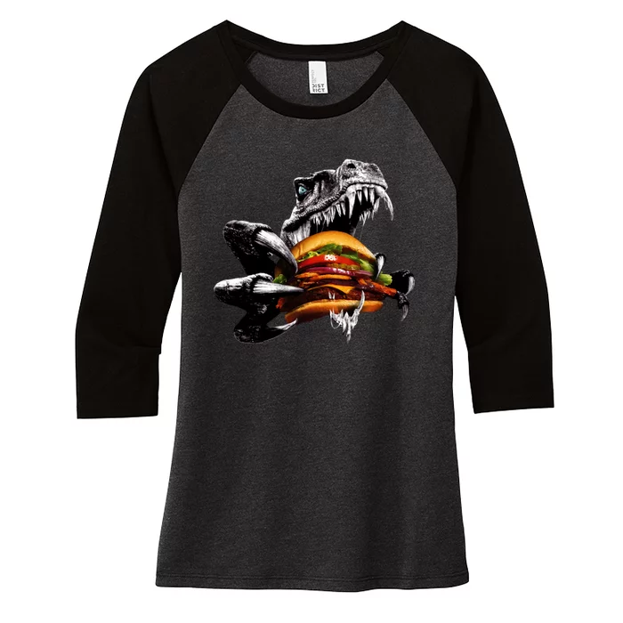 T Rex Eating Burger Women's Tri-Blend 3/4-Sleeve Raglan Shirt