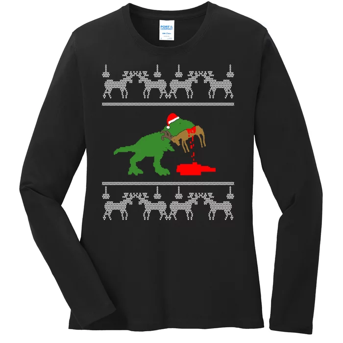 T Rex Eating Rudolph The Red Nosed Reindeer Ladies Long Sleeve Shirt