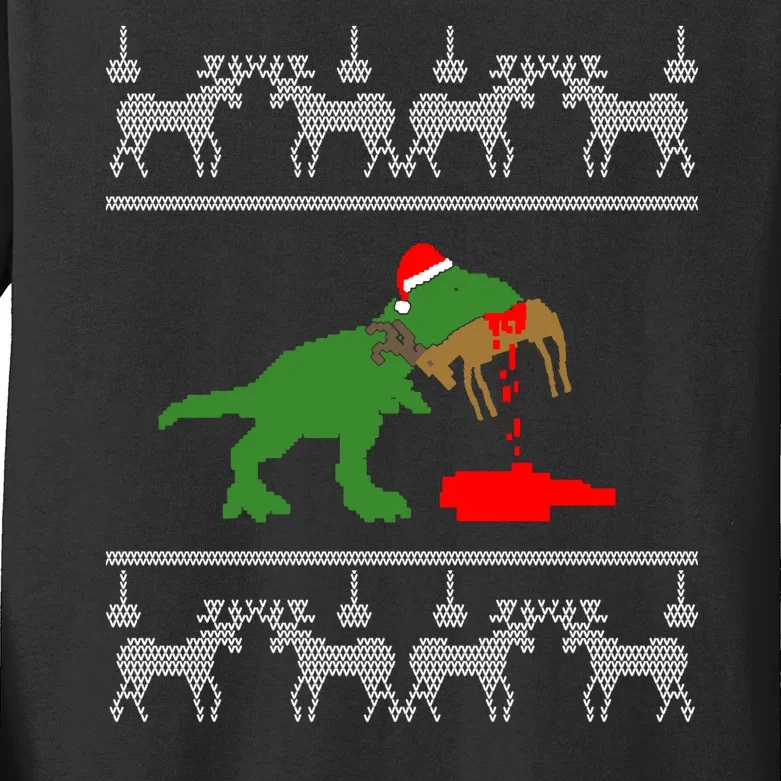 T Rex Eating Rudolph The Red Nosed Reindeer Kids Long Sleeve Shirt