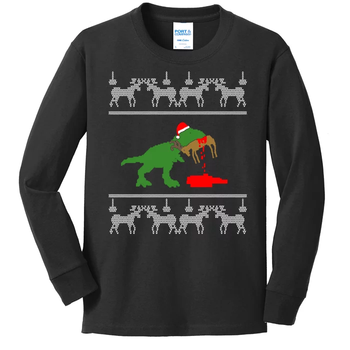 T Rex Eating Rudolph The Red Nosed Reindeer Kids Long Sleeve Shirt