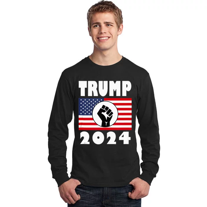 Trump Raised Fist Trump 2024 American Flag Patriot Tall Long Sleeve T-Shirt