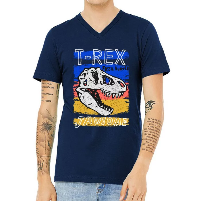 T Rex Fossil Hunter Jawsome V-Neck T-Shirt