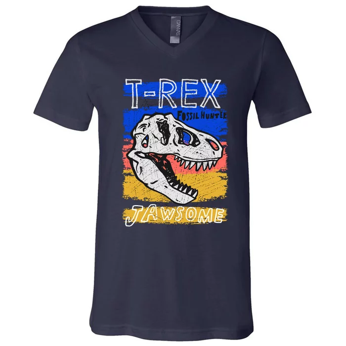 T Rex Fossil Hunter Jawsome V-Neck T-Shirt