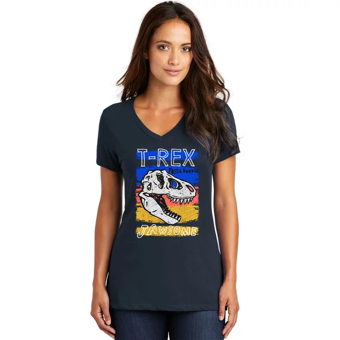 T Rex Fossil Hunter Jawsome Women's V-Neck T-Shirt