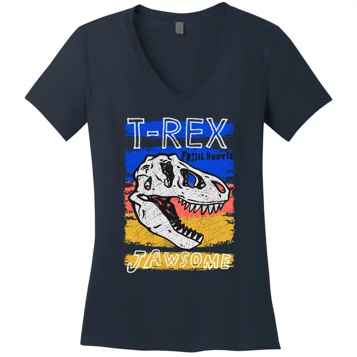 T Rex Fossil Hunter Jawsome Women's V-Neck T-Shirt