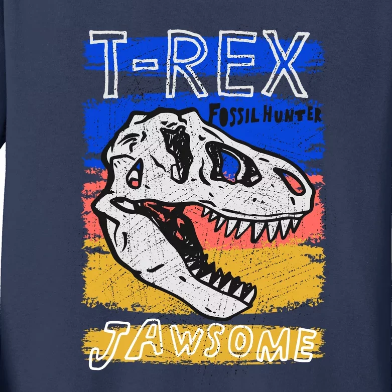 T Rex Fossil Hunter Jawsome Kids Long Sleeve Shirt