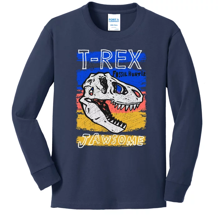 T Rex Fossil Hunter Jawsome Kids Long Sleeve Shirt