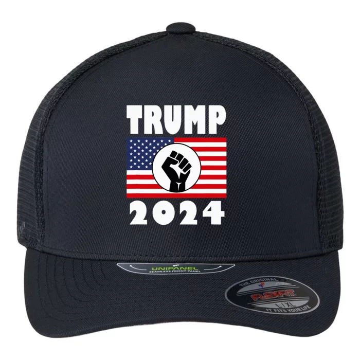 Trump Raised Fist Trump 2024 American Flag Patriot Flexfit Unipanel Trucker Cap