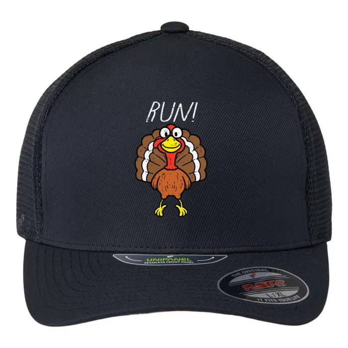 Turkey Run Funny Happy Thanksgiving Day Flexfit Unipanel Trucker Cap