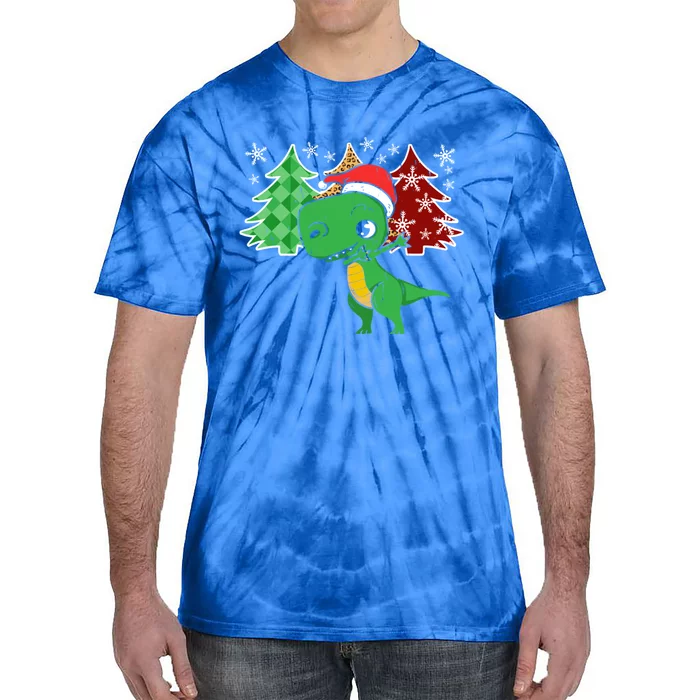 Tree Rex Funny Dinosaur Christmas Santa Hat Xmas Tree Gift Tie-Dye T-Shirt