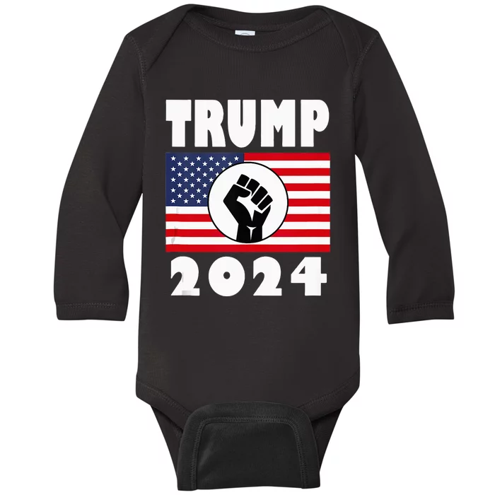 Trump Raised Fist Trump 2024 American Flag Patriot Baby Long Sleeve Bodysuit