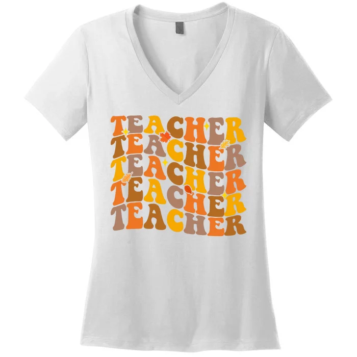 Teacher Retro Fall Cute Gift Women's V-Neck T-Shirt