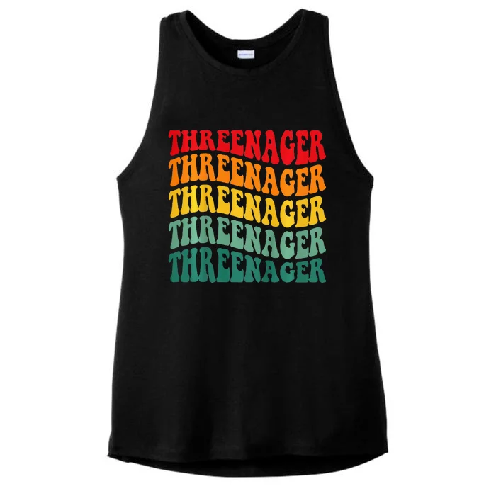 Threenager Retro Groovy Third Bday 3th Birthday Ladies Tri-Blend Wicking Tank