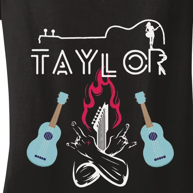 Taylor Retro Groovy Personalized First Name Guitaar Women's V-Neck T-Shirt