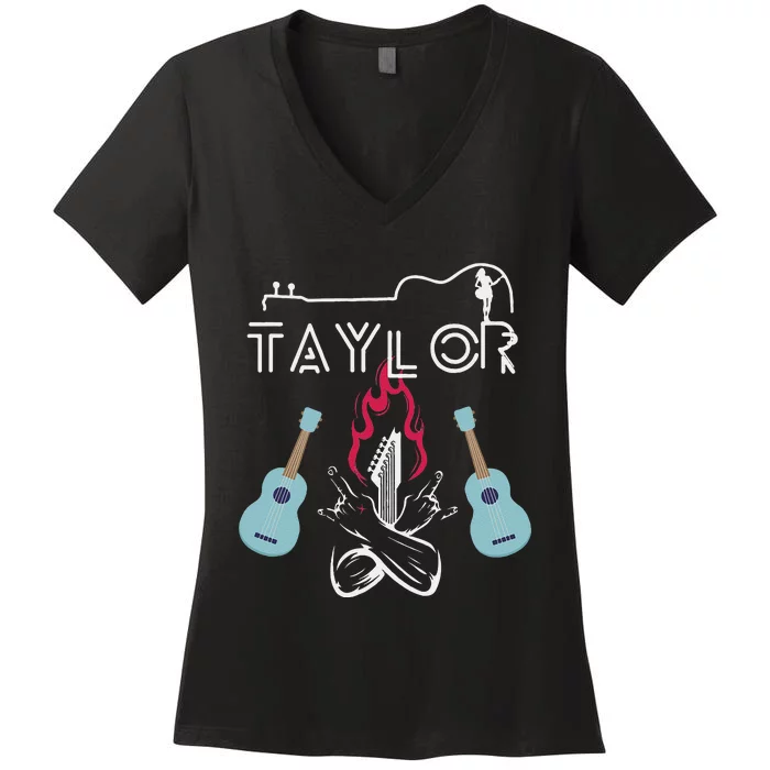 Taylor Retro Groovy Personalized First Name Guitaar Women's V-Neck T-Shirt