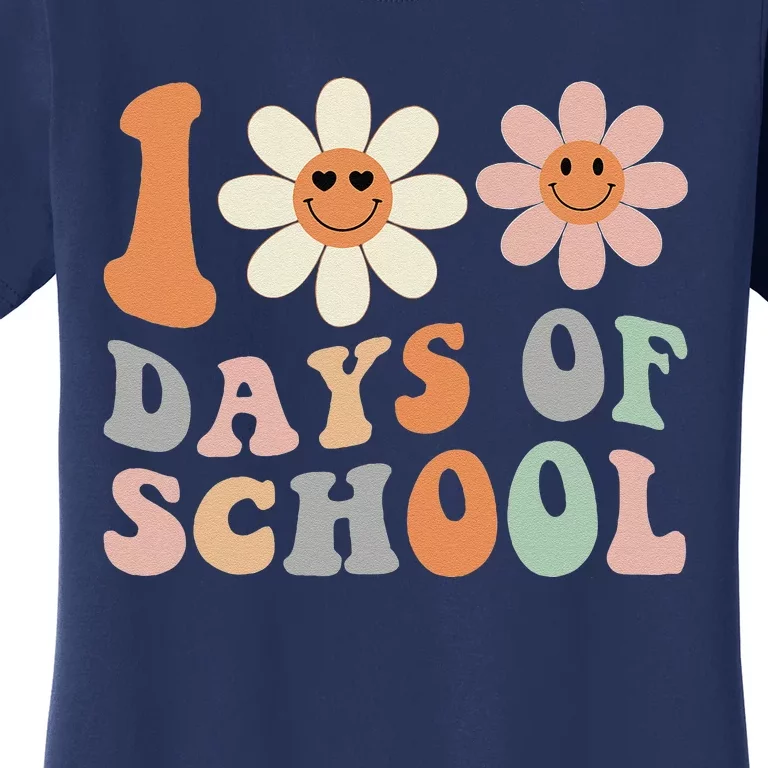 Teacher Retro Groovy 100 Days Happy 100th Day Of School Women's T-Shirt