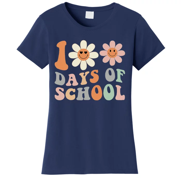 Teacher Retro Groovy 100 Days Happy 100th Day Of School Women's T-Shirt