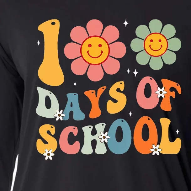 Teacher Retro Groovy 100 Days Happy 100th Day Of School Cooling Performance Long Sleeve Crew