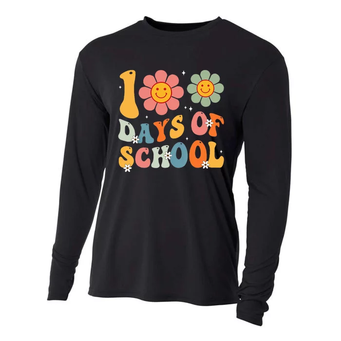 Teacher Retro Groovy 100 Days Happy 100th Day Of School Cooling Performance Long Sleeve Crew