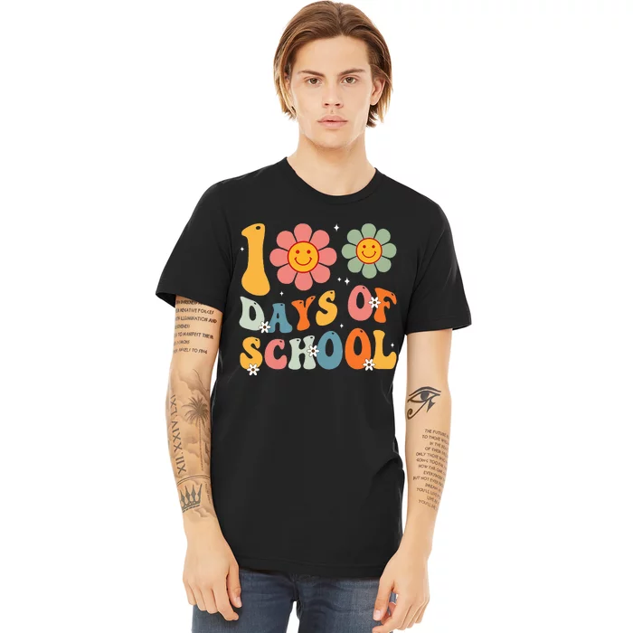 Teacher Retro Groovy 100 Days Happy 100th Day Of School Premium T-Shirt