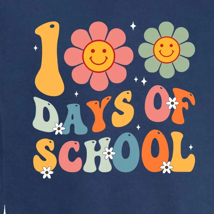 Teacher Retro Groovy 100 Days Happy 100th Day Of School Garment-Dyed Sweatshirt