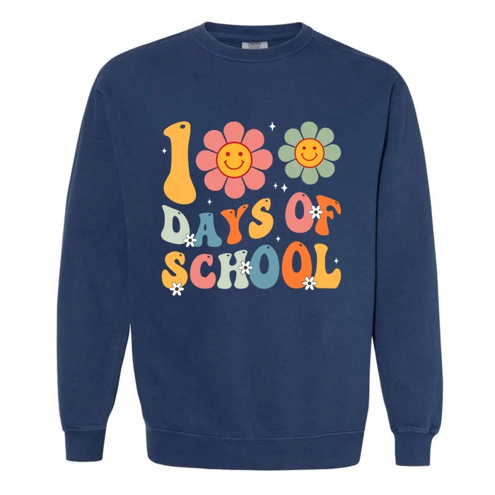 Teacher Retro Groovy 100 Days Happy 100th Day Of School Garment-Dyed Sweatshirt