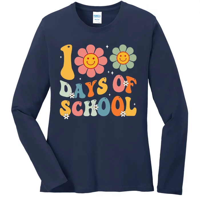 Teacher Retro Groovy 100 Days Happy 100th Day Of School Ladies Long Sleeve Shirt