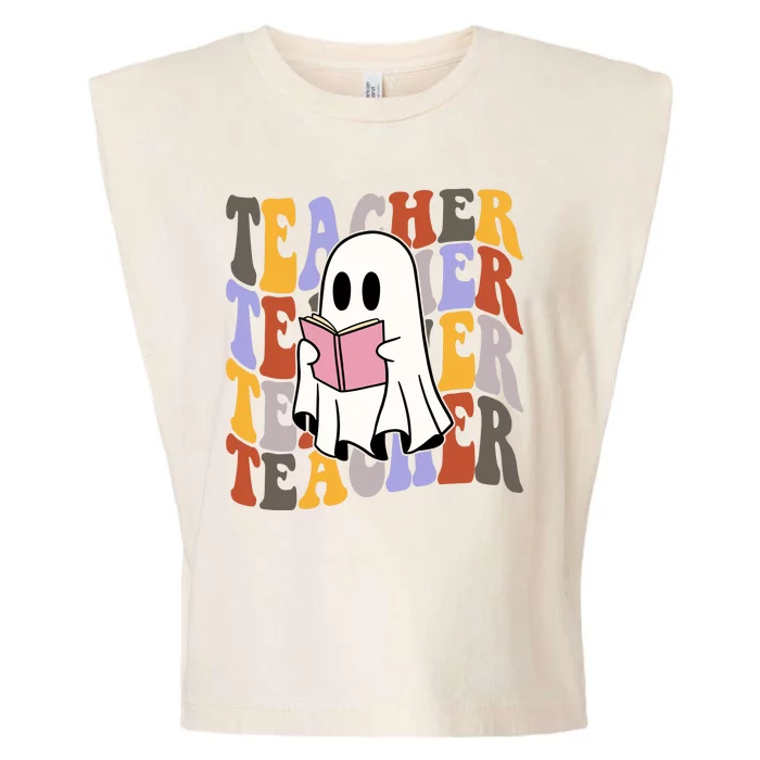 Teacher Retro Halloween Ghost Garment-Dyed Women's Muscle Tee