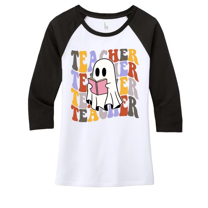 Teacher Retro Halloween Ghost Women's Tri-Blend 3/4-Sleeve Raglan Shirt