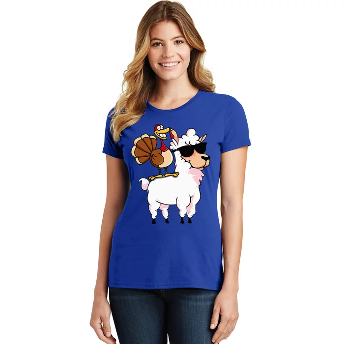 Turkey Riding Hipster Llama Cartoon Funny Thanksgiving Gifts Women's T-Shirt