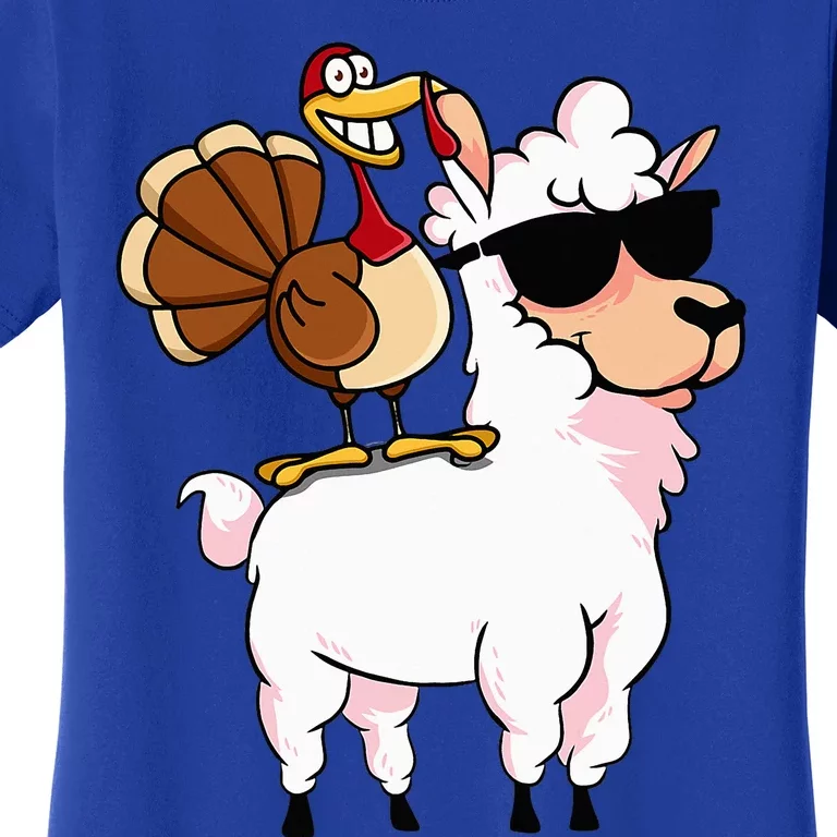 Turkey Riding Hipster Llama Cartoon Funny Thanksgiving Gifts Women's T-Shirt