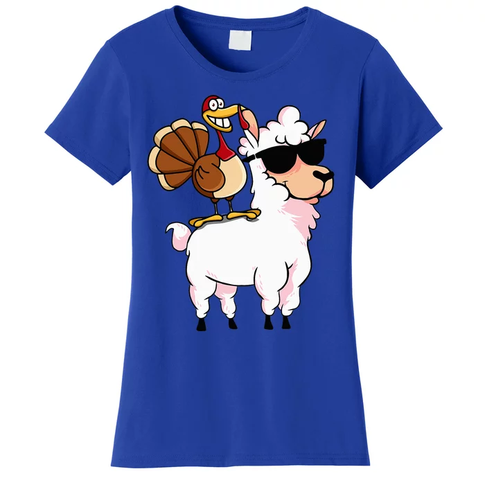 Turkey Riding Hipster Llama Cartoon Funny Thanksgiving Gifts Women's T-Shirt