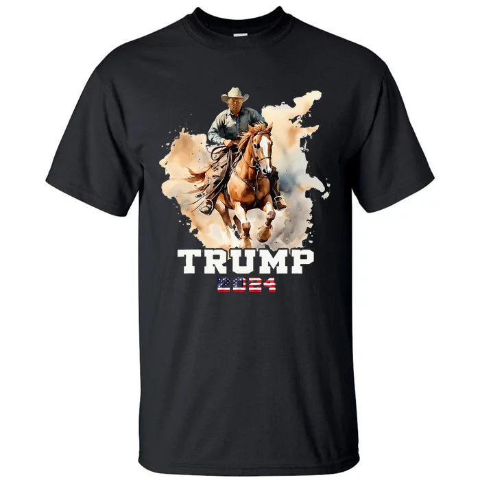 Trump Riding Horse American Flag Cowboy Tall T-Shirt