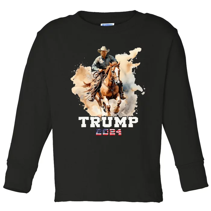 Trump Riding Horse American Flag Cowboy Toddler Long Sleeve Shirt