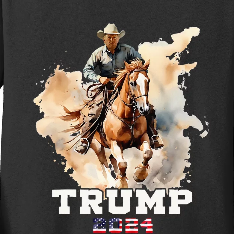 Trump Riding Horse American Flag Cowboy Kids Long Sleeve Shirt