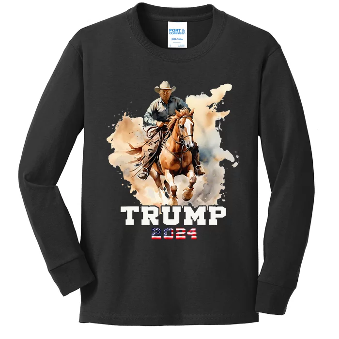 Trump Riding Horse American Flag Cowboy Kids Long Sleeve Shirt