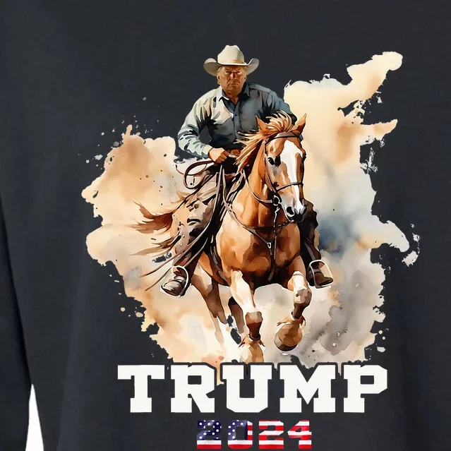 Trump Riding Horse American Flag Cowboy Cropped Pullover Crew