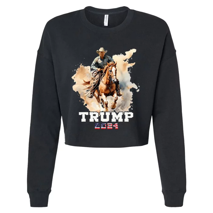 Trump Riding Horse American Flag Cowboy Cropped Pullover Crew